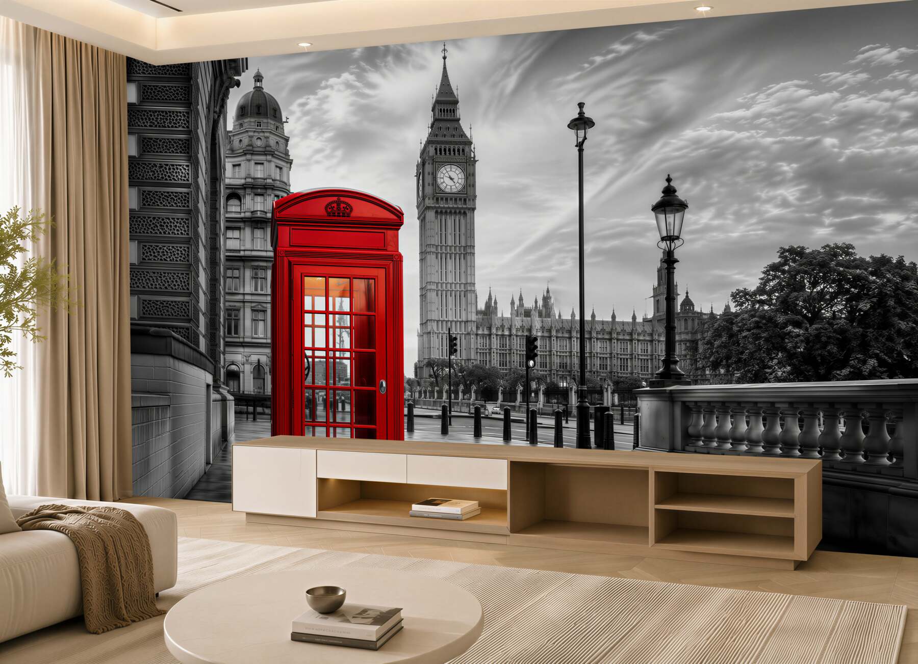 Fotobehang rode telefooncel in het midden naast Big Ben