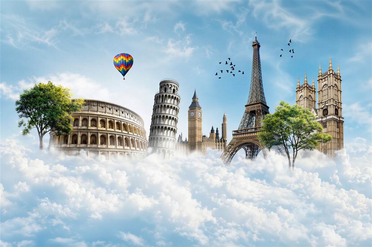 Fotobehang Monumenten van Europese steden in de wolken