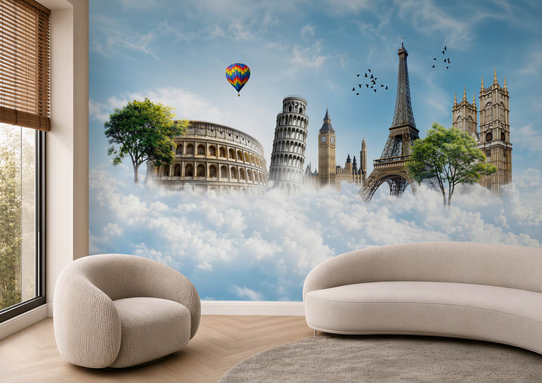 Fotobehang Monumenten van Europese steden in de wolken
