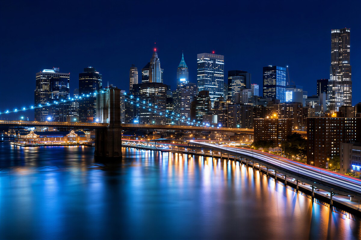 Fotobehang Pier in Manhattan verlicht 's nachts