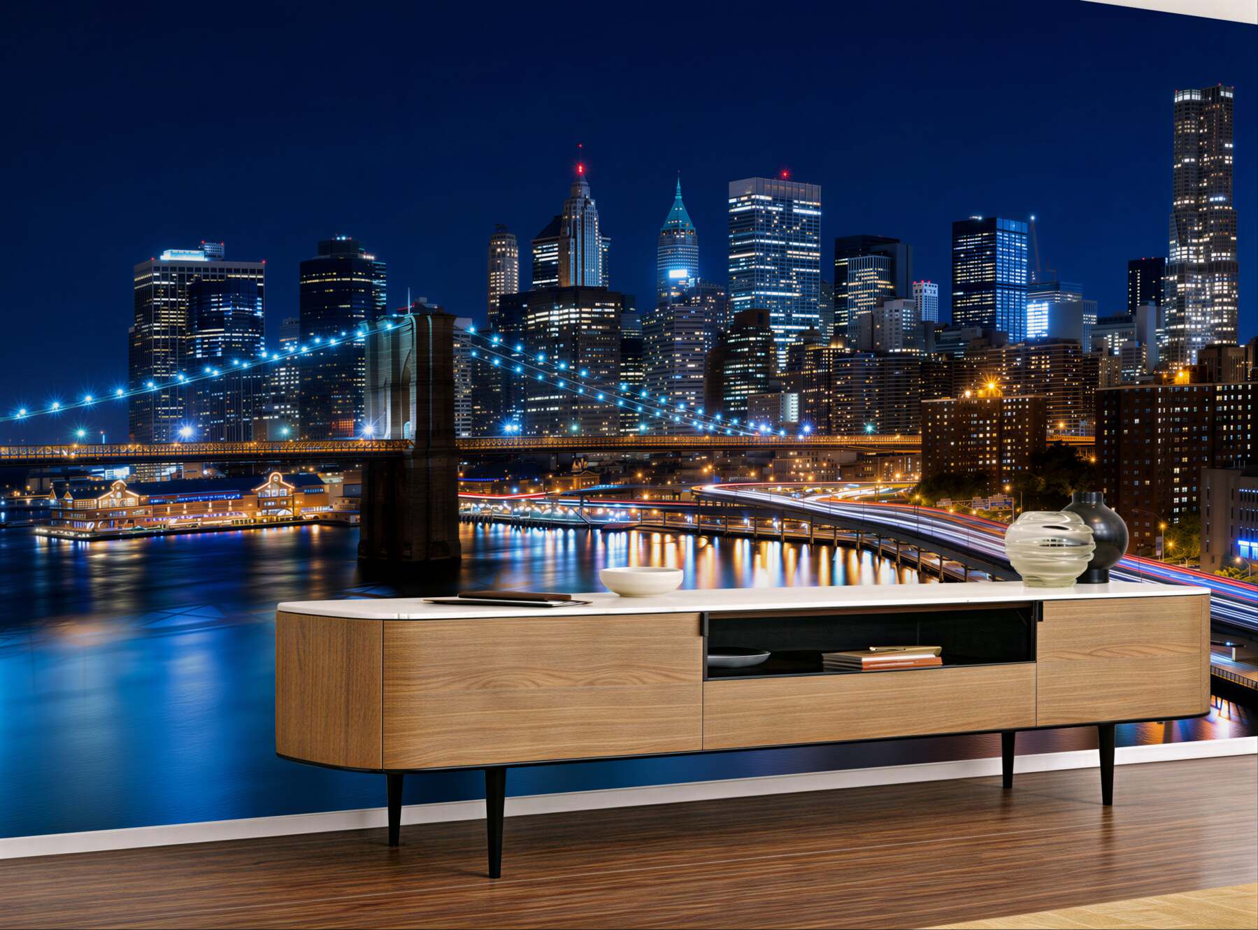 Fotobehang Pier in Manhattan verlicht 's nachts