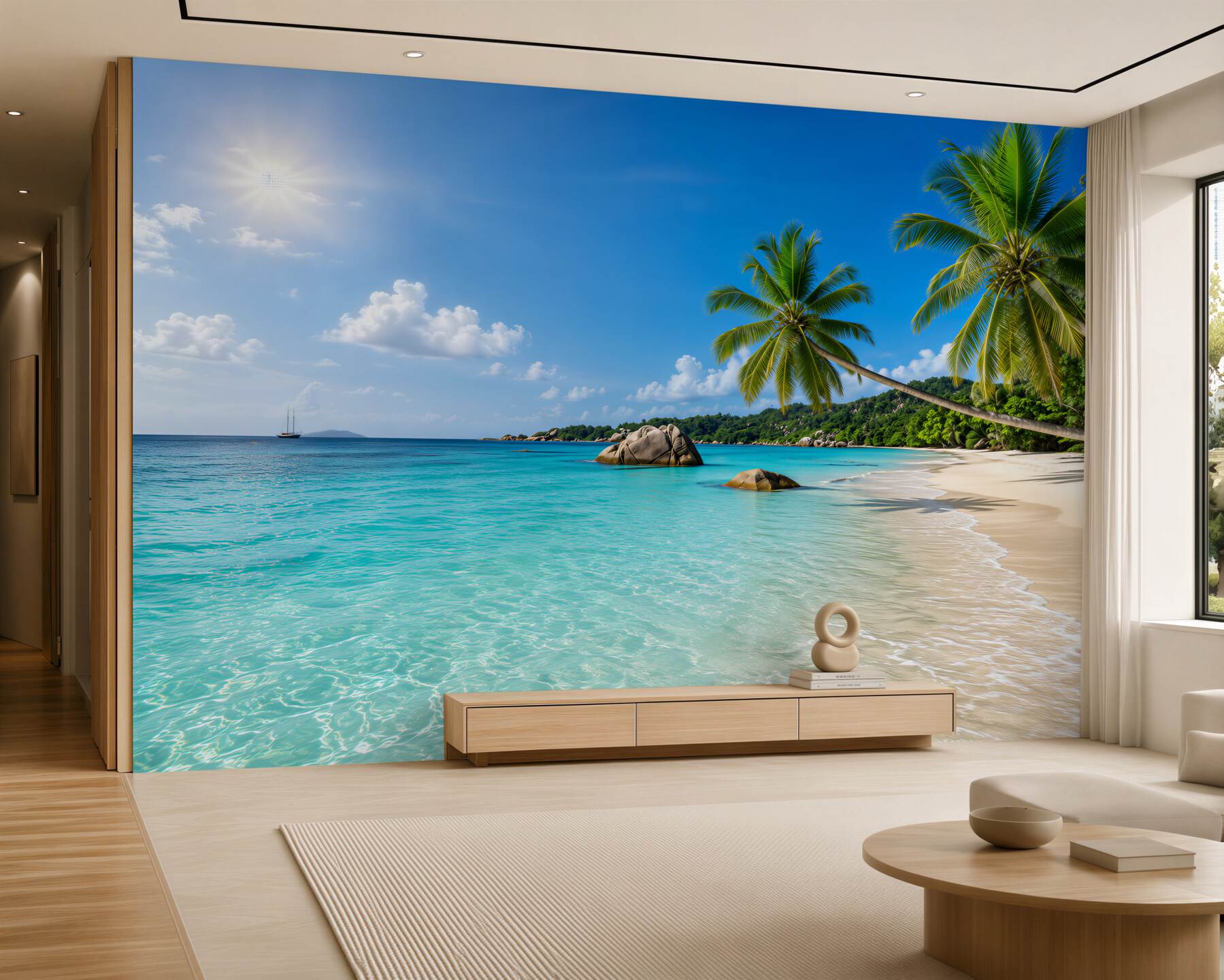 Fotobehang Blauwe wateren nabij een tropisch strand