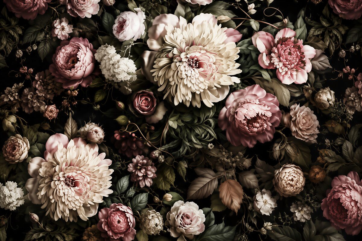 Fotobehang mooie boeketten met verschillende bloemen in donkere tinten