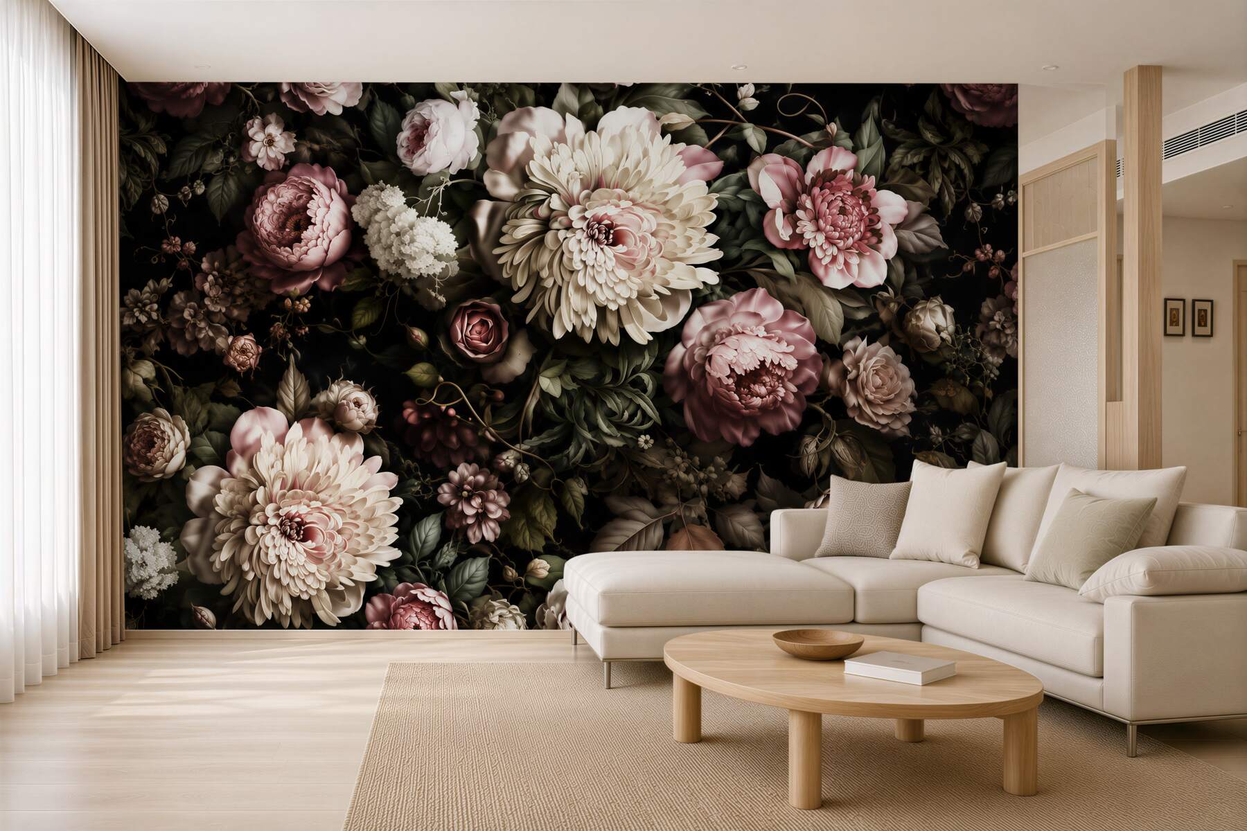 Fotobehang mooie boeketten met verschillende bloemen in donkere tinten