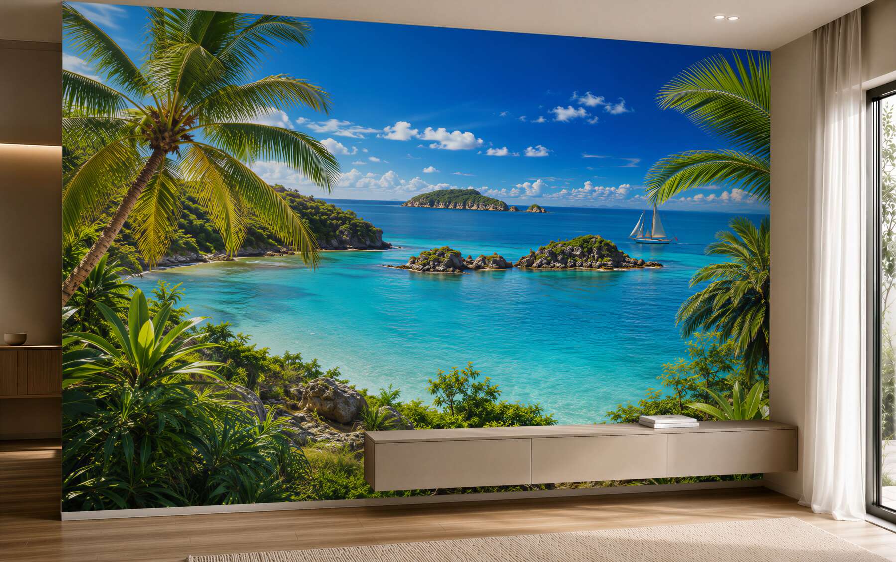 Fotobehang zee en palmbomen