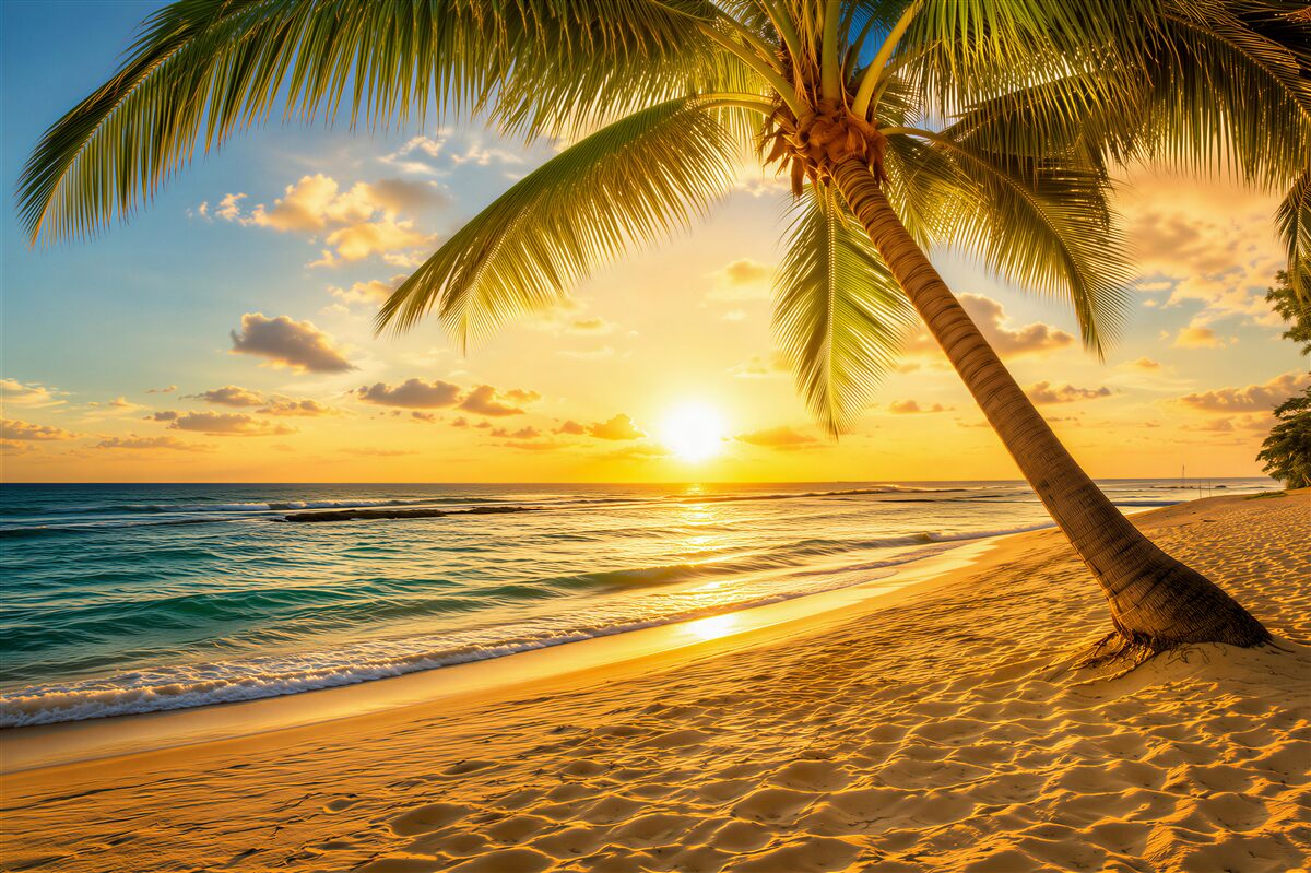 Fotobehang zonsondergang tegen een achtergrond van oceaan en palmbomen