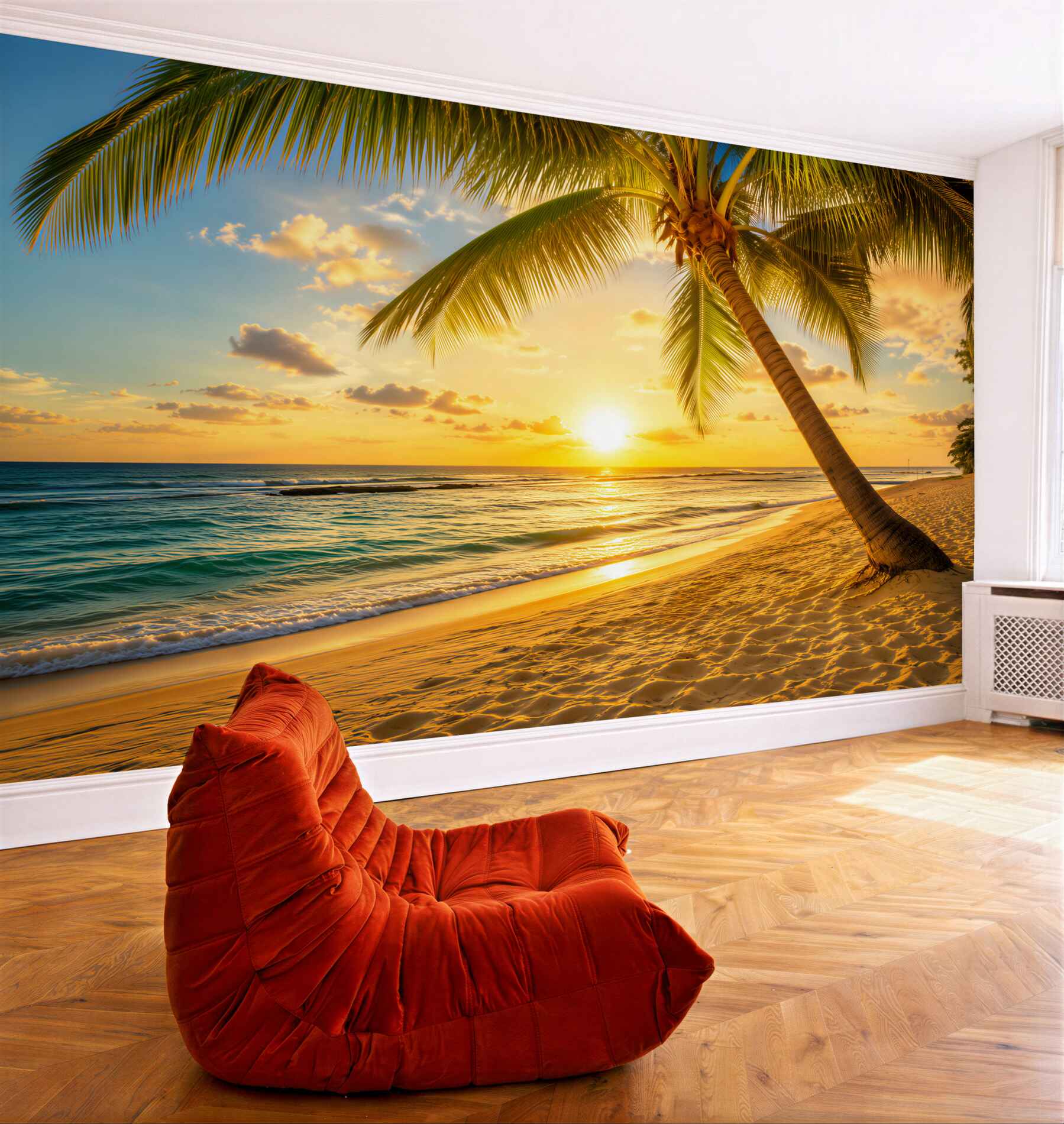 Fotobehang zonsondergang tegen een achtergrond van oceaan en palmbomen