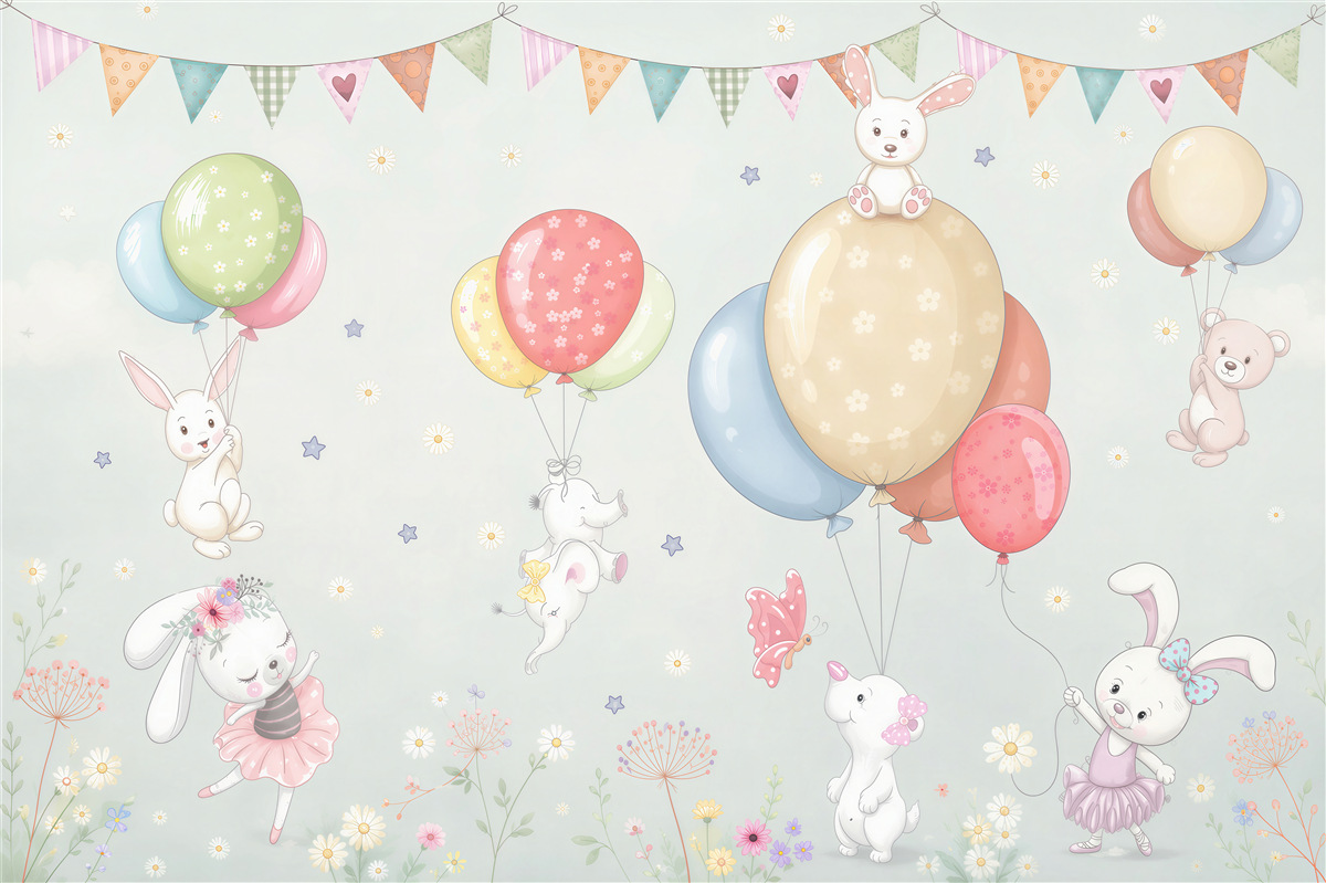 Fotobehang Konijntjes en beren met ballonnen
