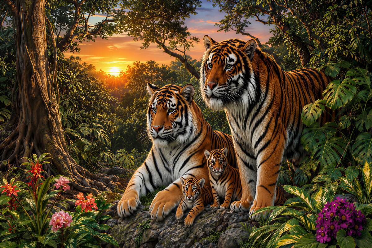 Fotobehang Tijgerfamilie in de jungle