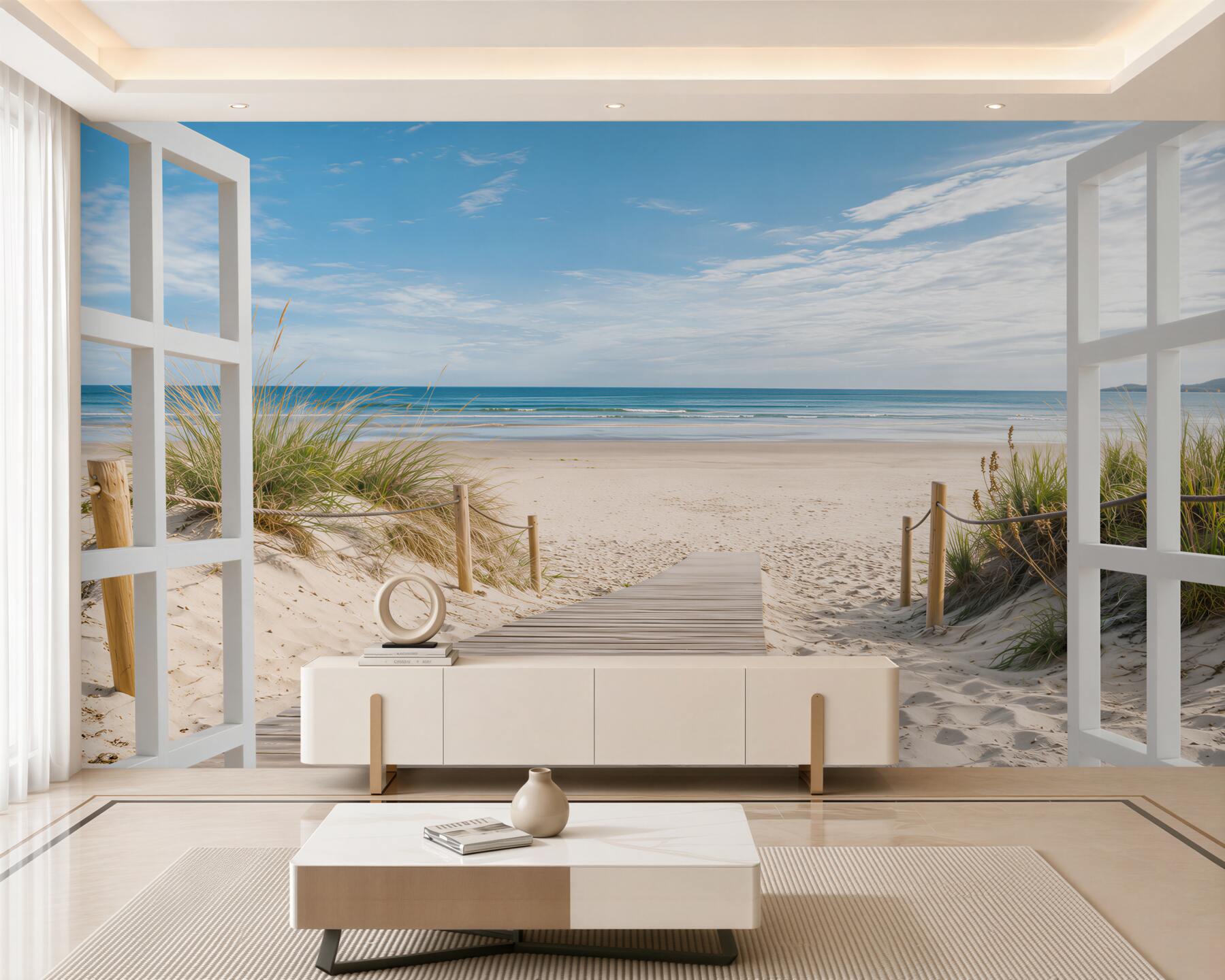 Fotobehang open raam met uitzicht op de oceaan en het strand