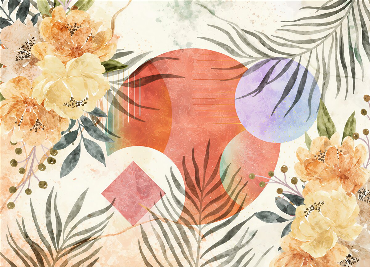 Fotobehang Achtergrond met bladeren, bloemen en geometrische vormen