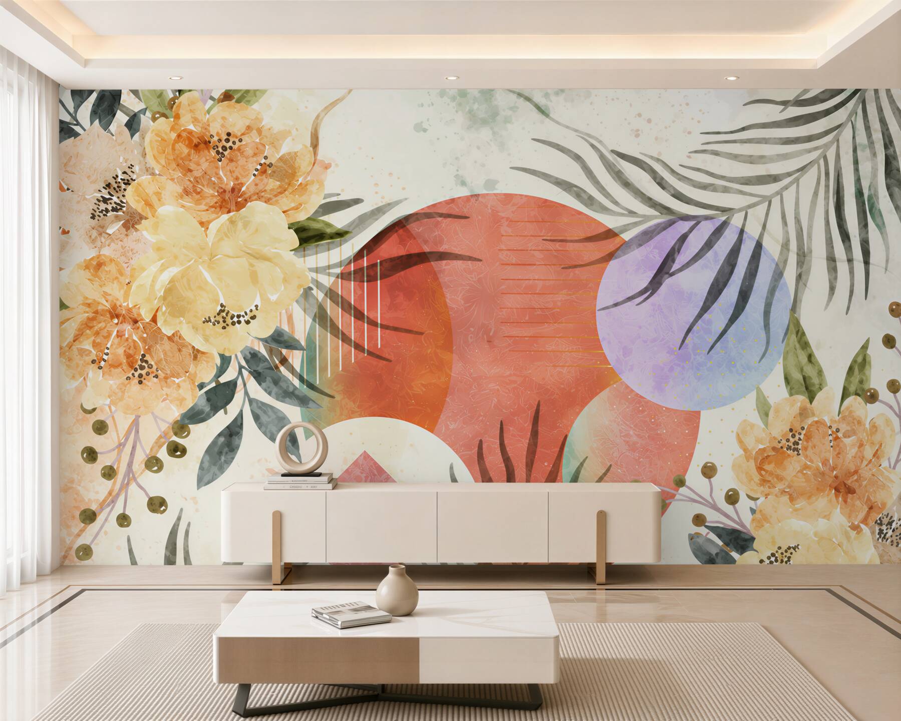 Fotobehang Achtergrond met bladeren, bloemen en geometrische vormen