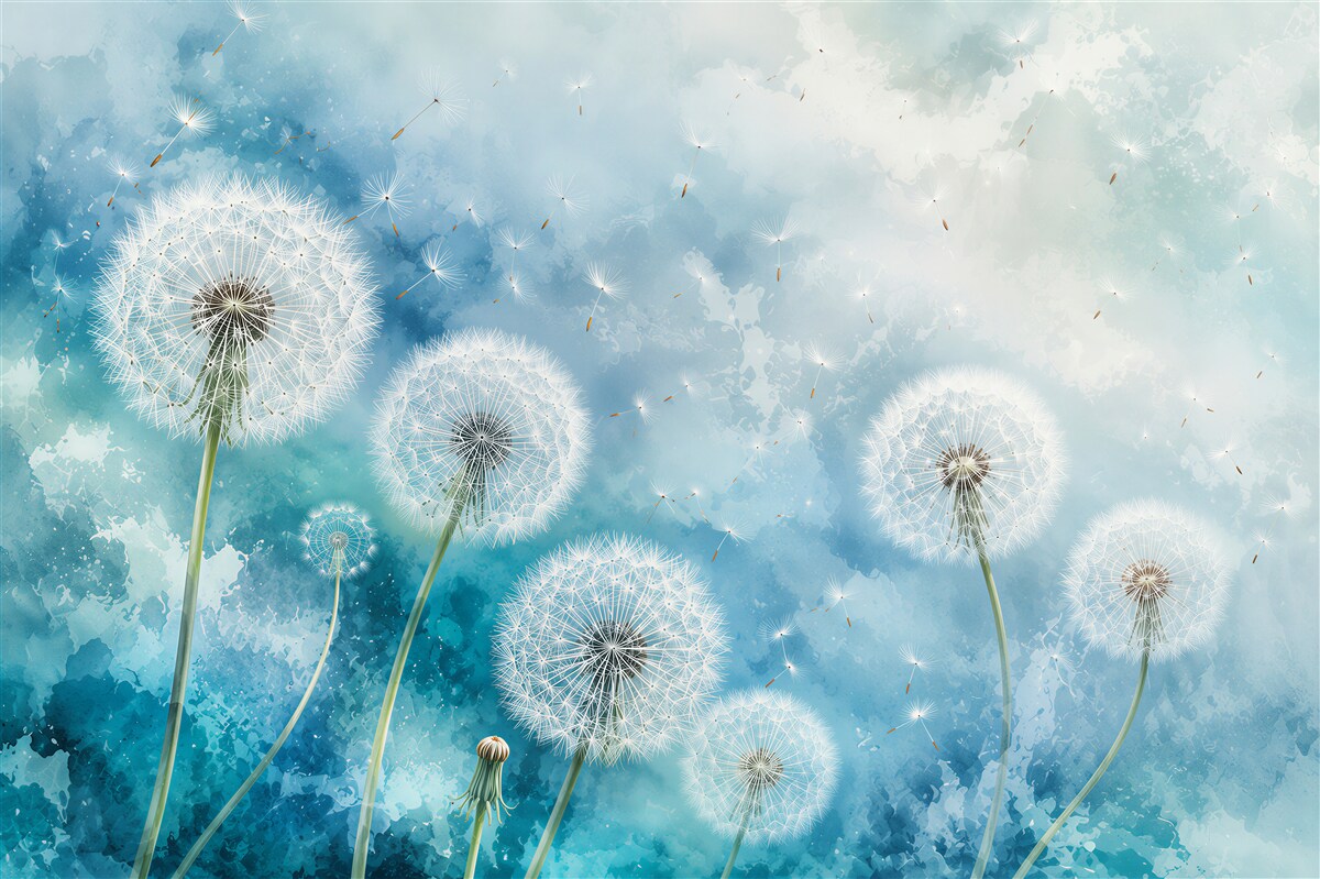 Fotobehang Paardenbloem op een blauwe achtergrond
