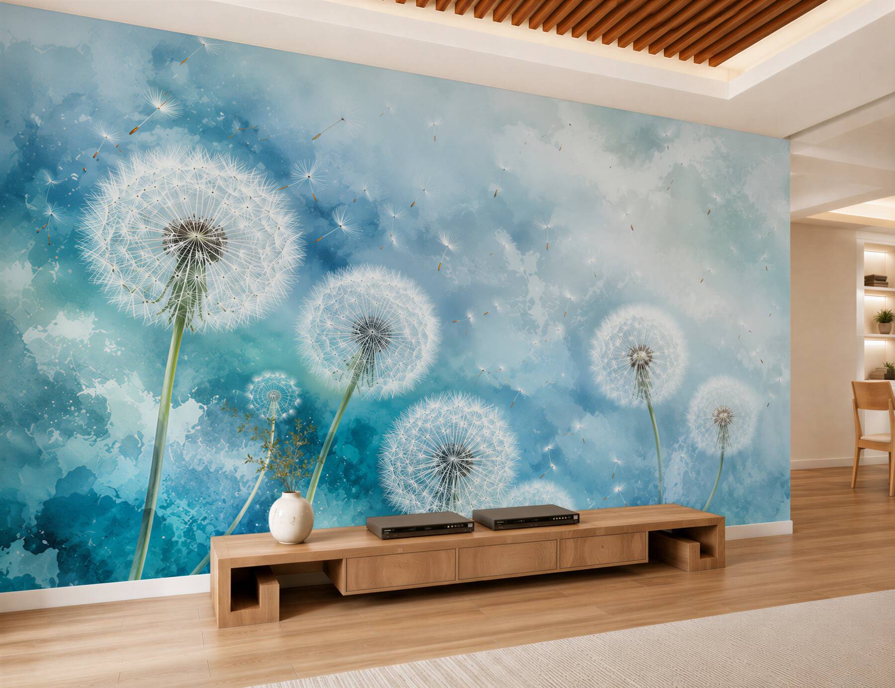 Fotobehang Paardenbloem op een blauwe achtergrond