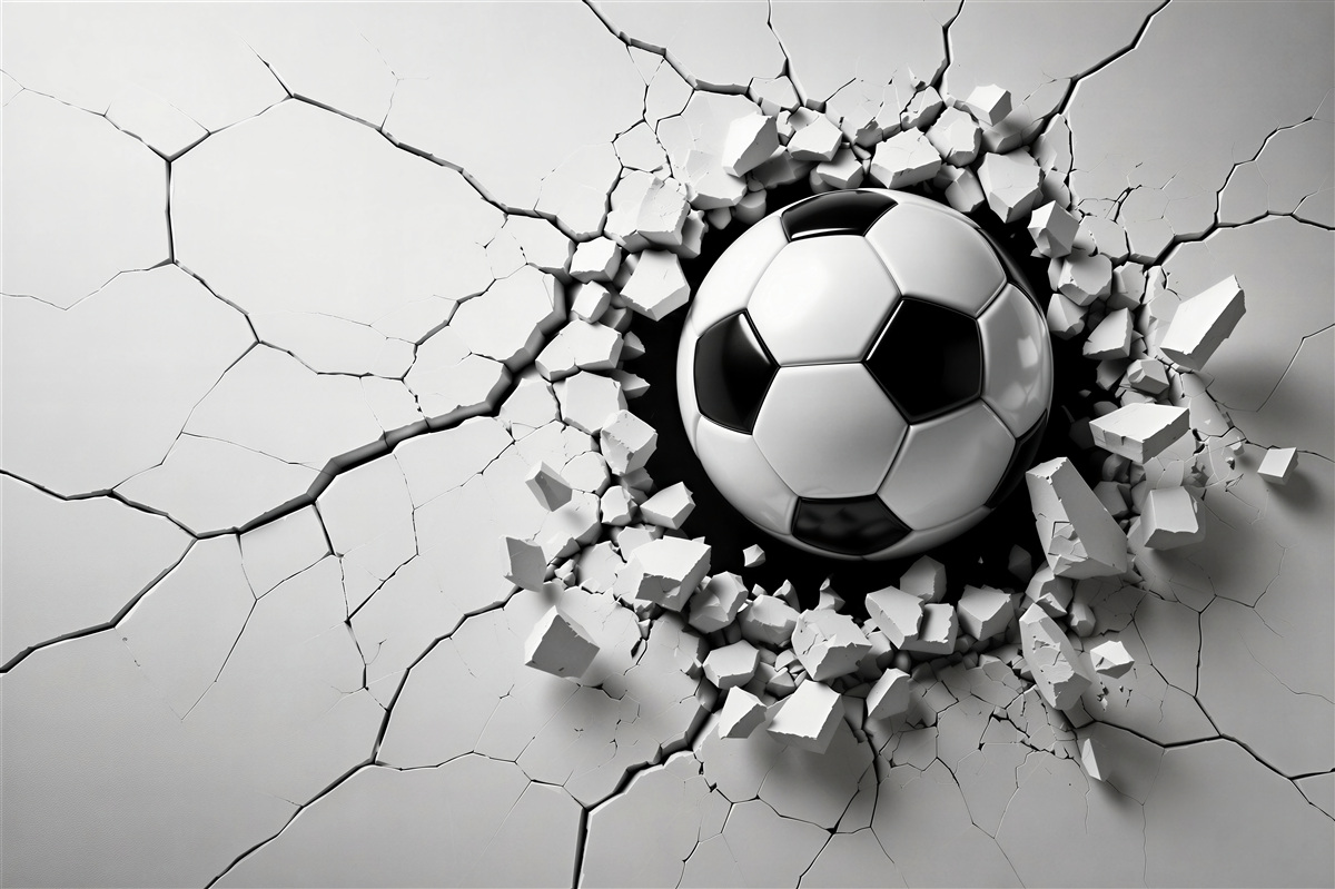 Fotobehang Een voetbal doorbreekt een muur