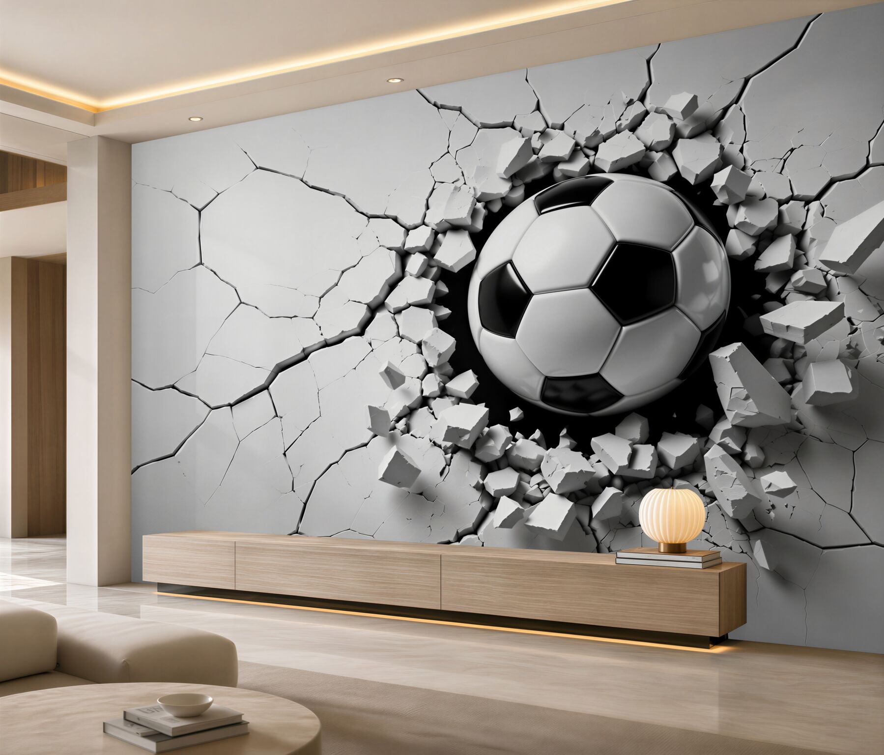 Fotobehang Een voetbal doorbreekt een muur