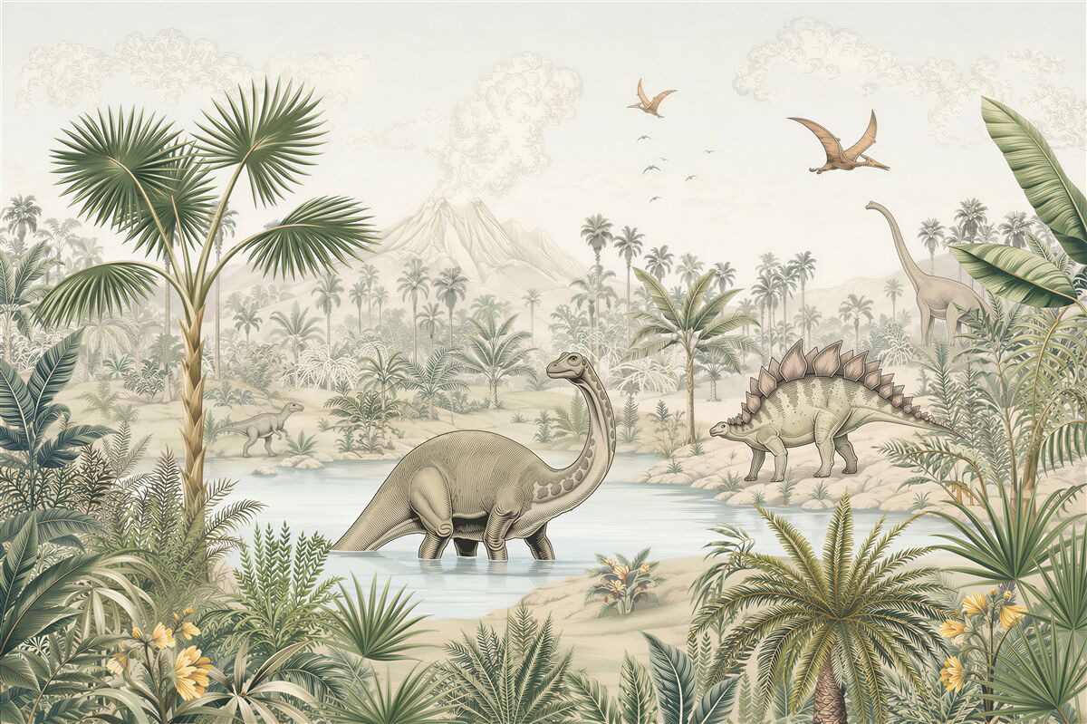 Fotobehang Dinosaurussen aan het water in het bos