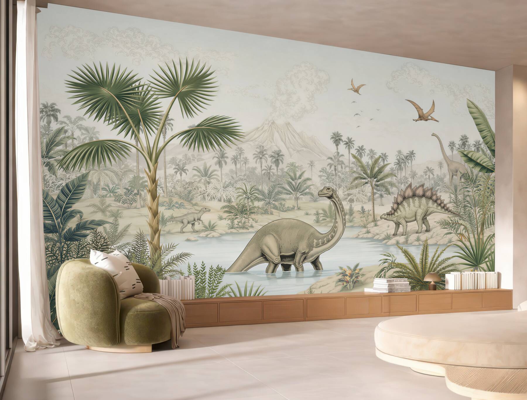 Fotobehang Dinosaurussen aan het water in het bos