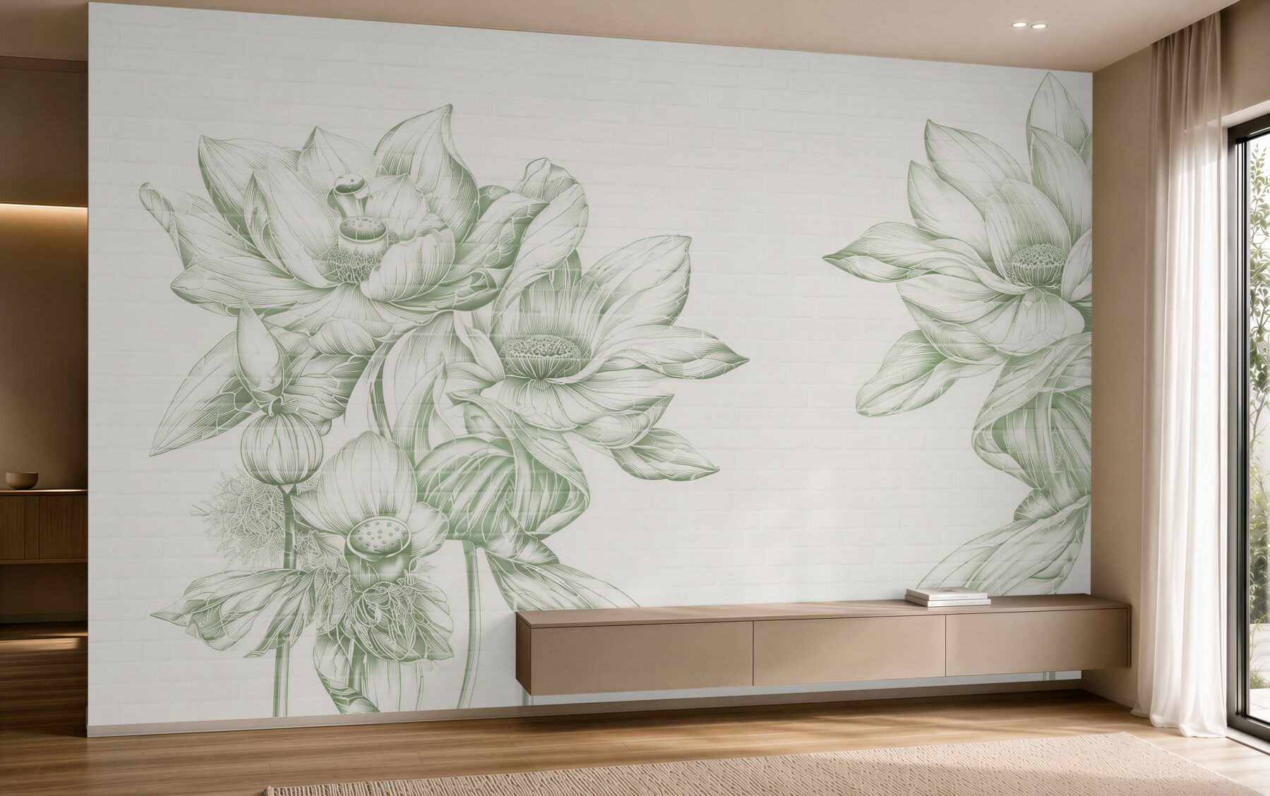 Fotobehang Bakstenen muur en bloemen