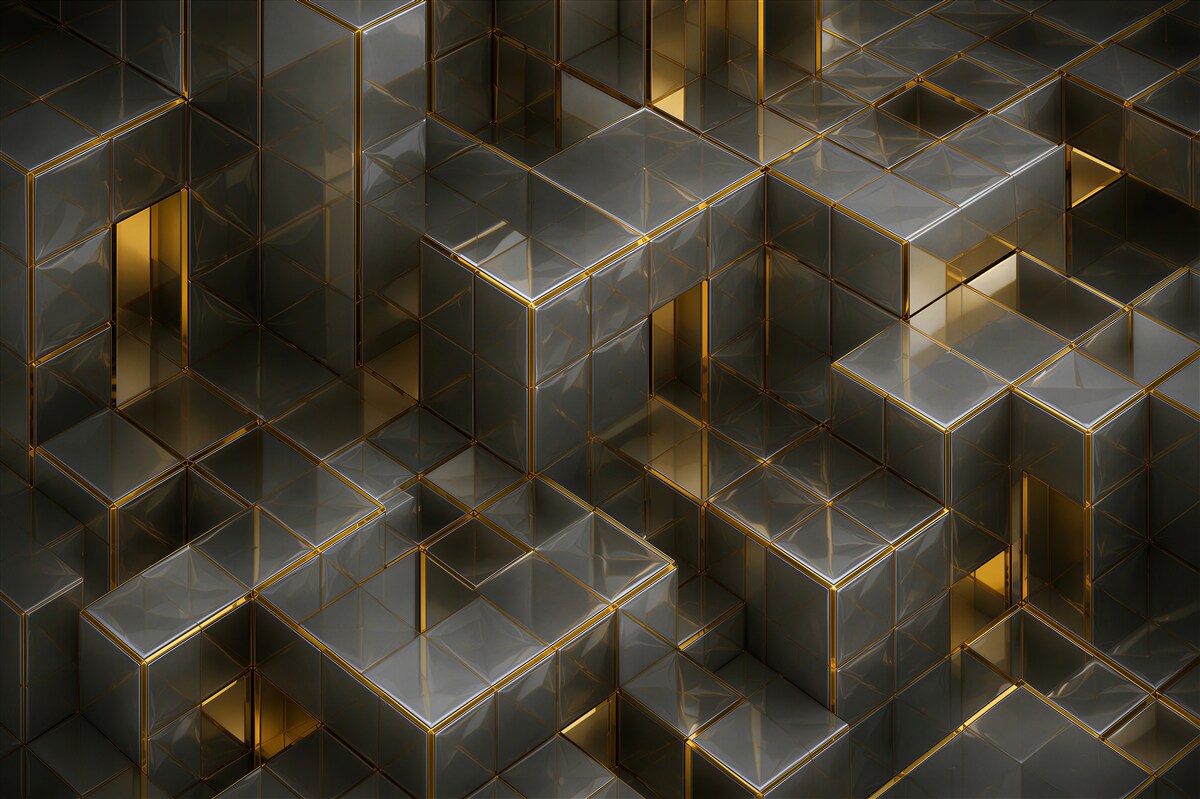 Fotobehang 3D volumetrische blokken met gouden inzetstukken