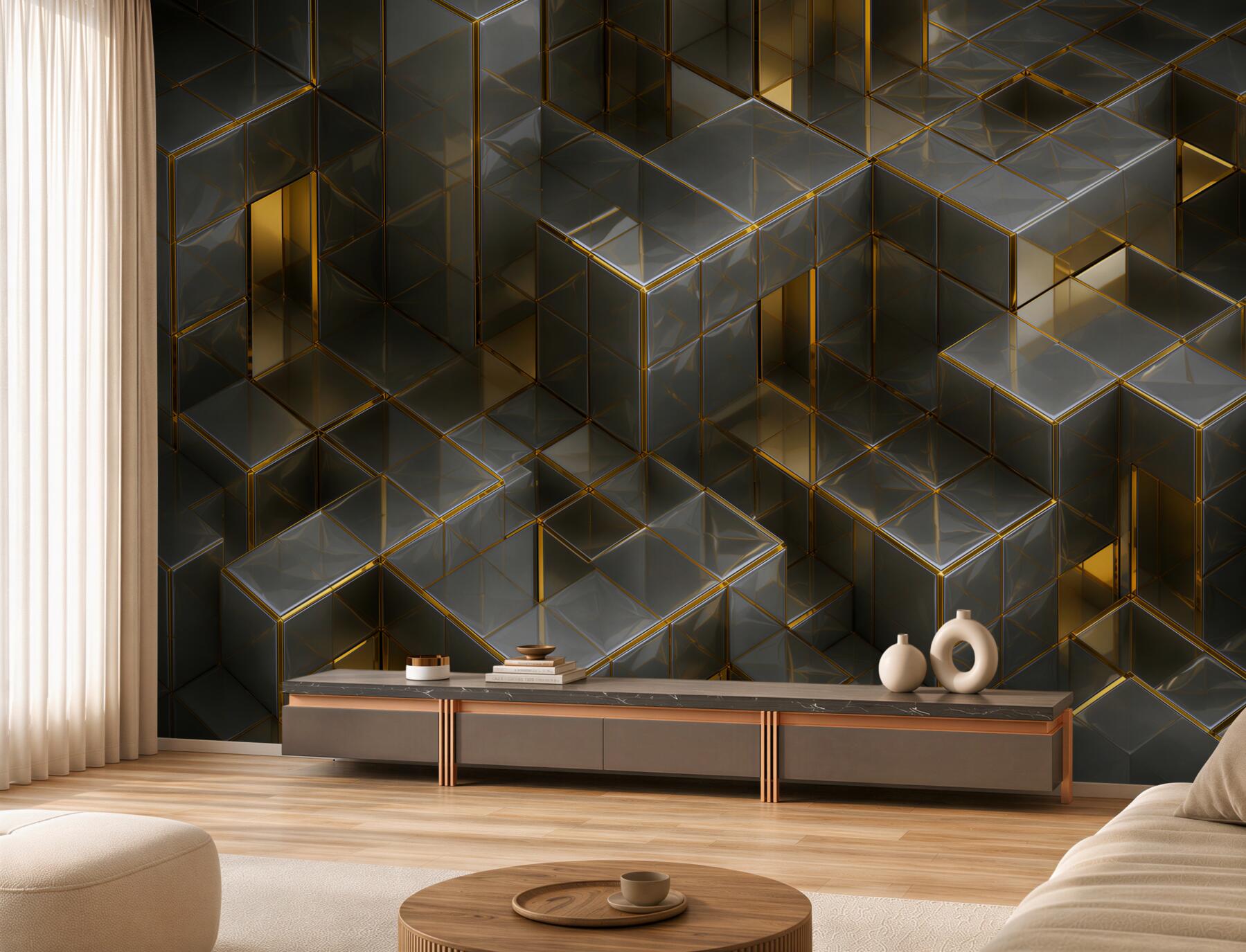 Fotobehang 3D volumetrische blokken met gouden inzetstukken