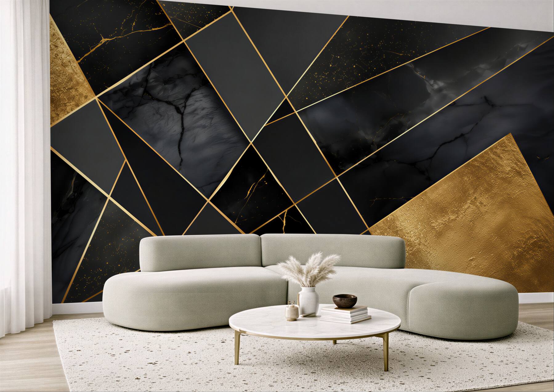Fotobehang Zwart marmer met gouden lijnen