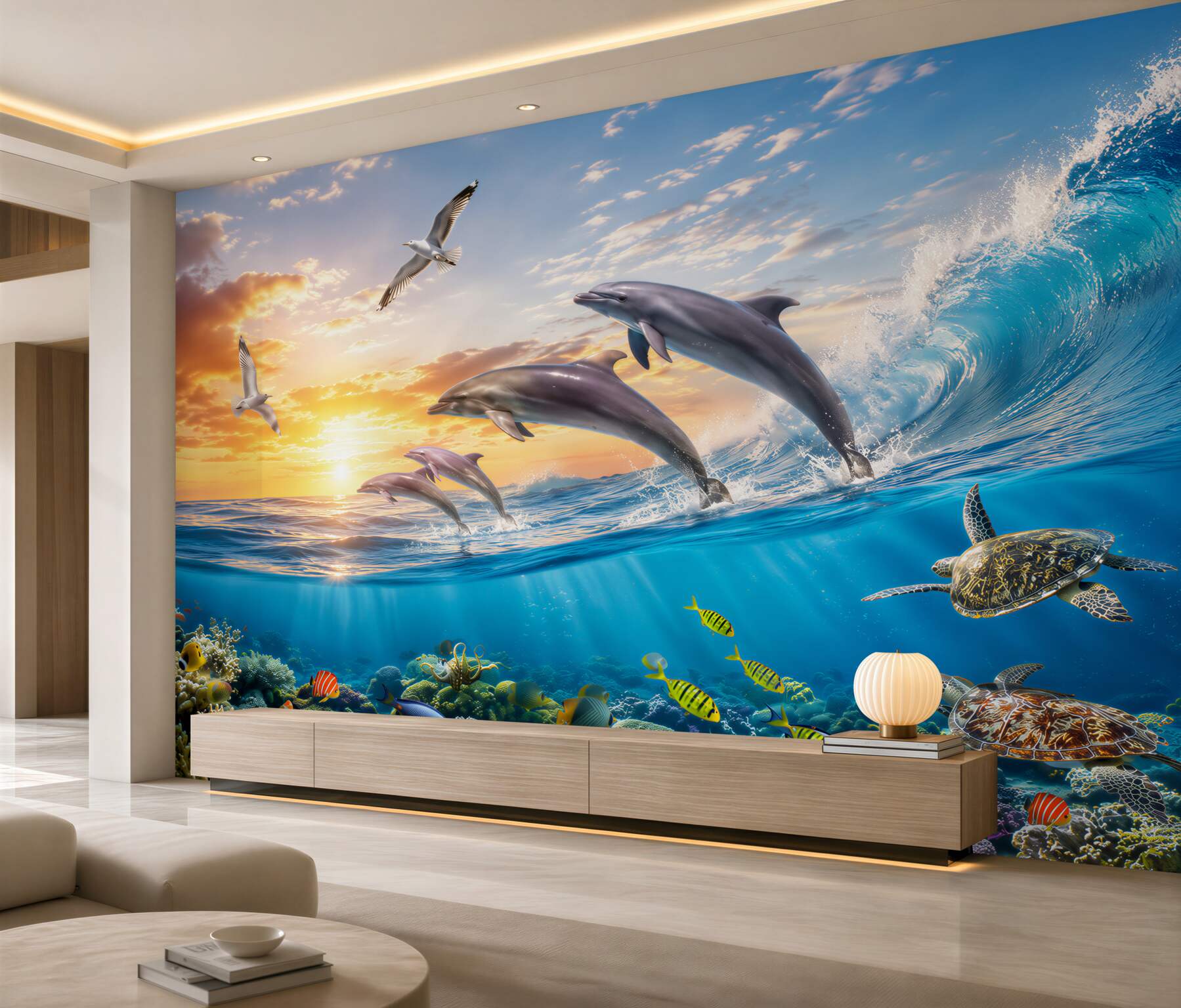 Fotobehang Dolfijnen springen uit de golven