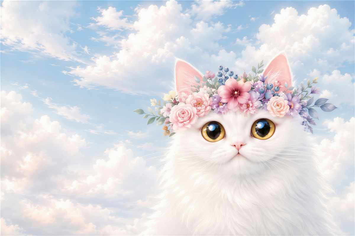Fotobehang Kat in bloemen tegen een achtergrond van wolken