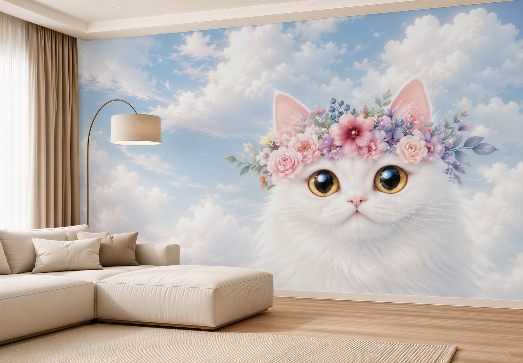 Fotobehang Kat in bloemen tegen een achtergrond van wolken