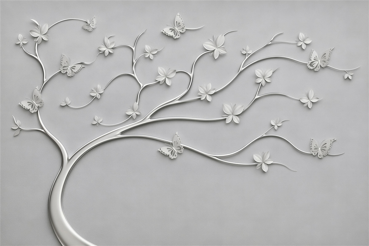 Fotobehang Slanke boom met metalen bloemen