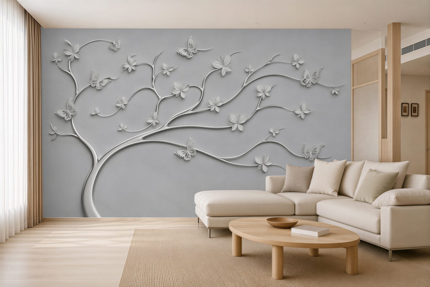 Fotobehang Slanke boom met metalen bloemen
