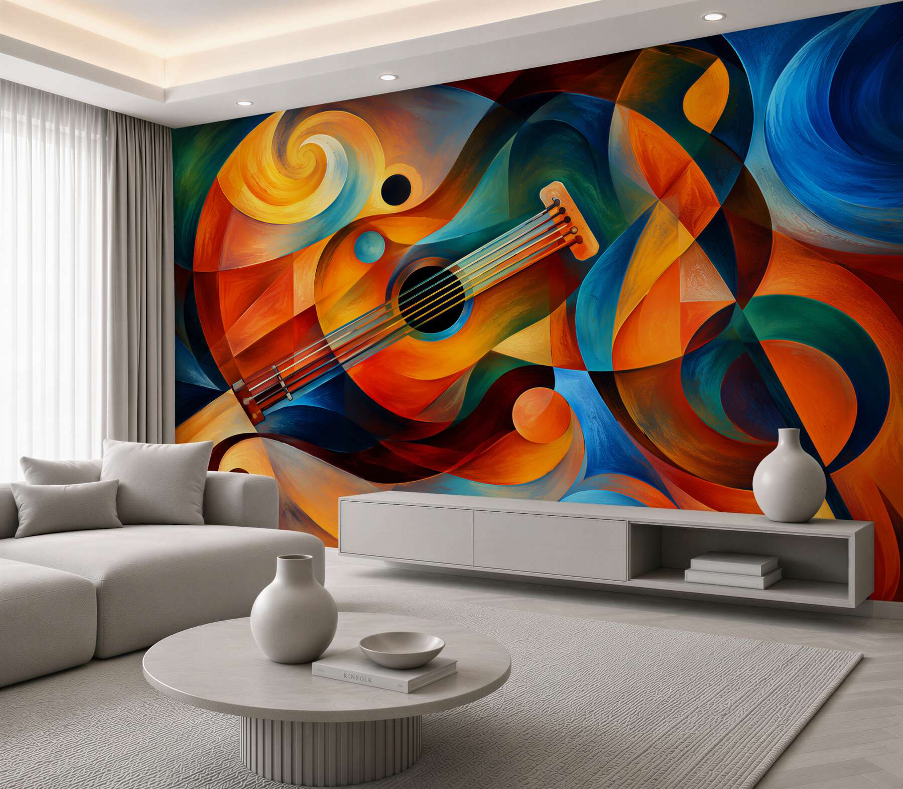 Fotobehang Abstracte gitaar in beige-blauwe tinten