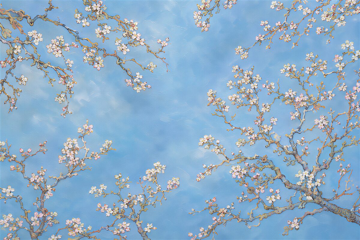 Fotobehang bloeiende takken van magnolia op een blauwe achtergrond