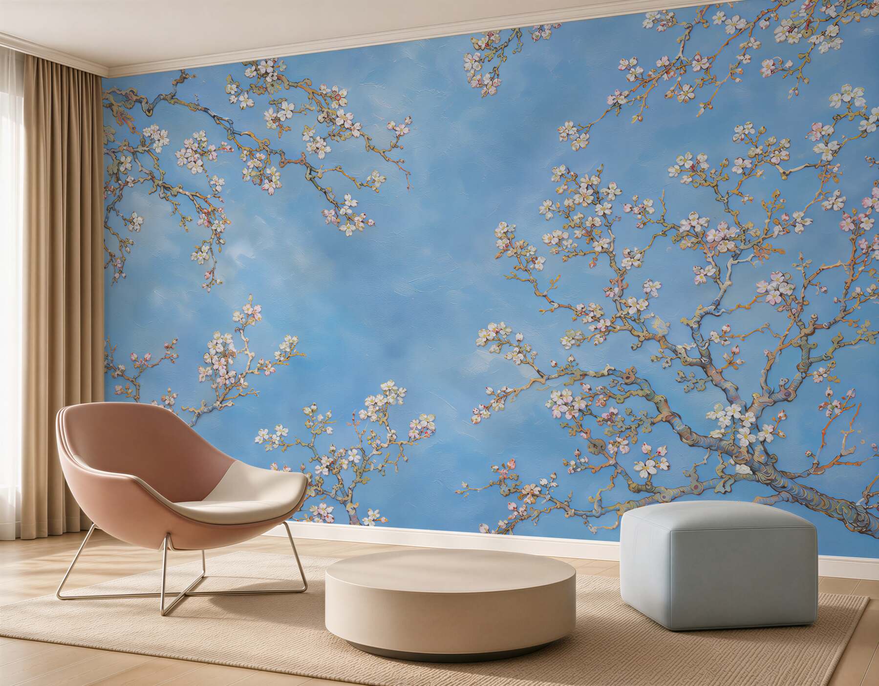 Fotobehang bloeiende takken van magnolia op een blauwe achtergrond