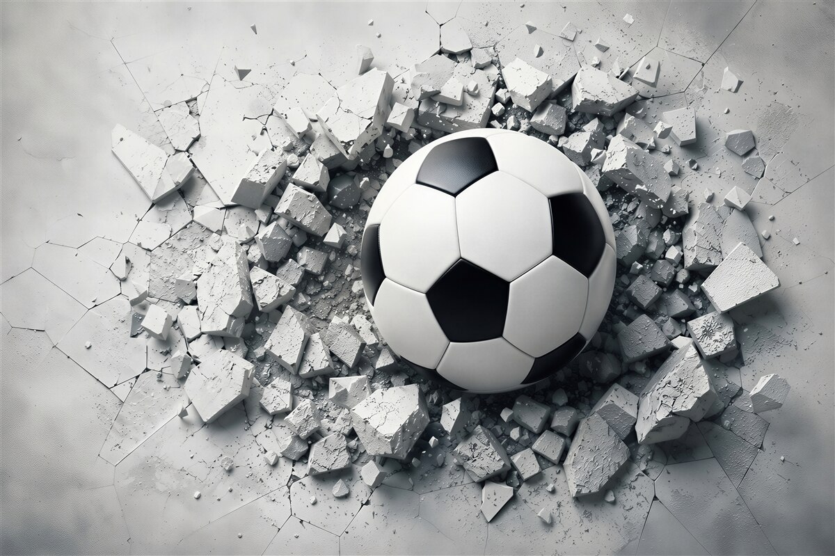 Fotobehang voetbal die de muur doorbreekt dynamisch 3D