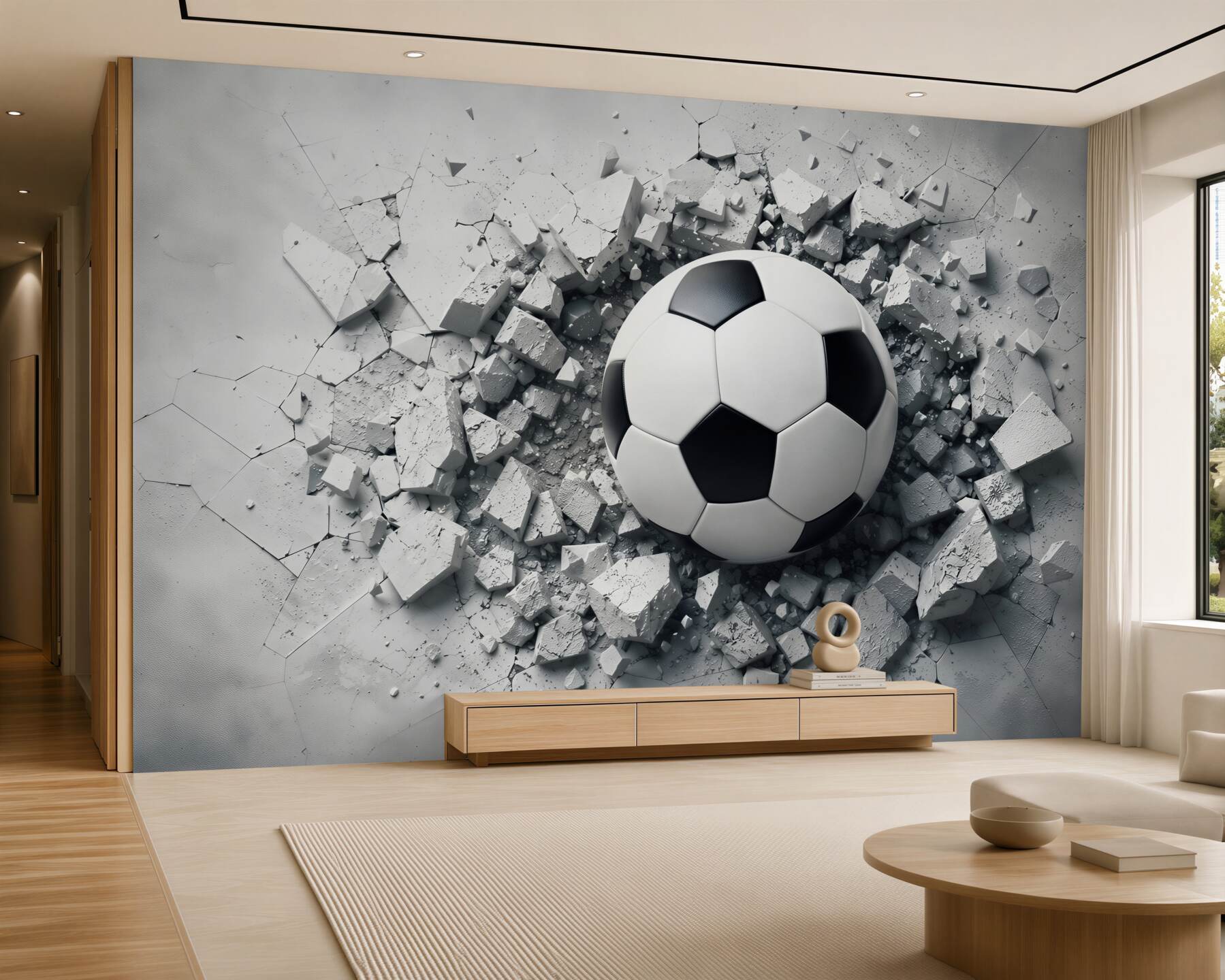 Fotobehang voetbal die de muur doorbreekt dynamisch 3D