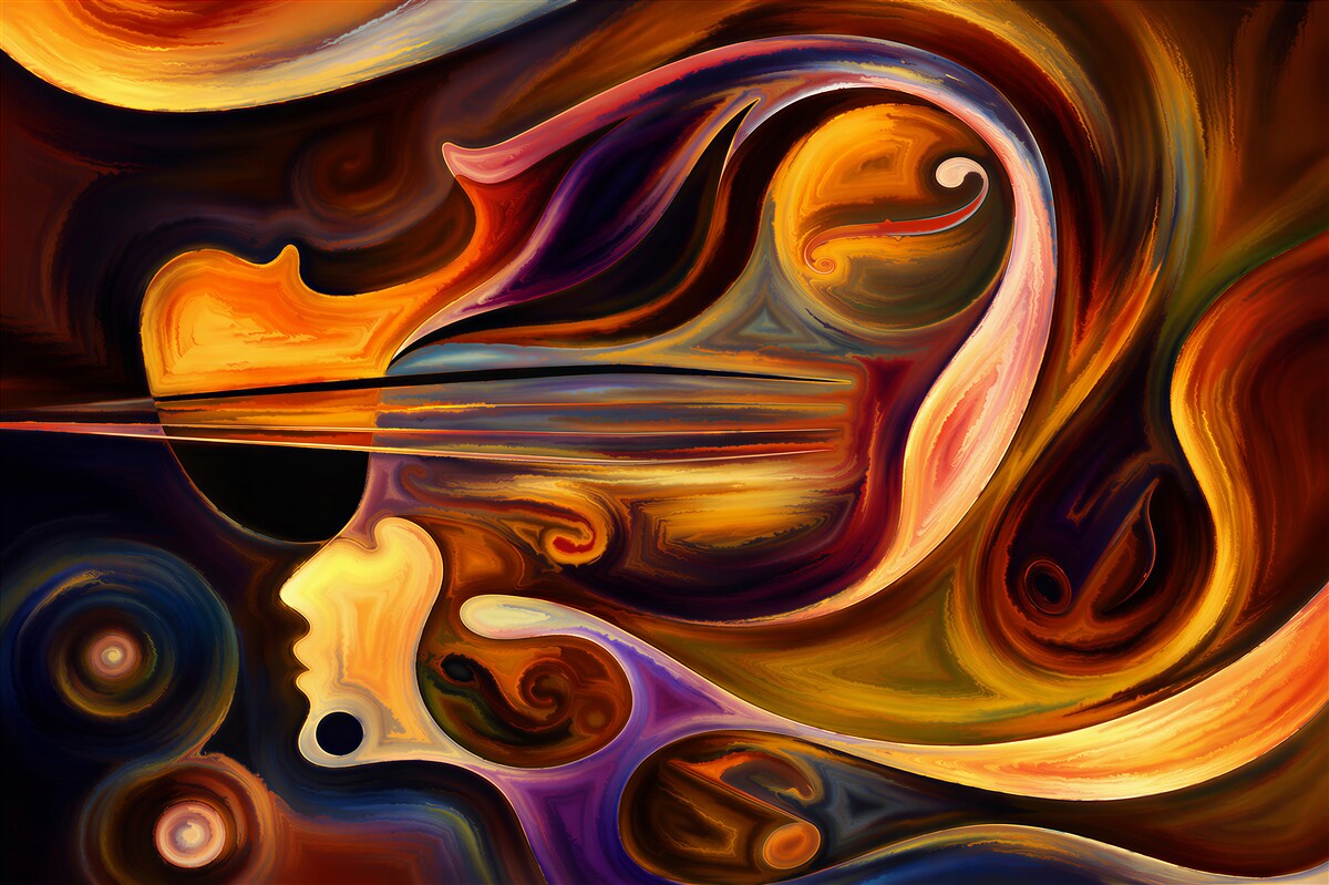 Fotobehang abstract gezicht met violinelijnen in beige tinten