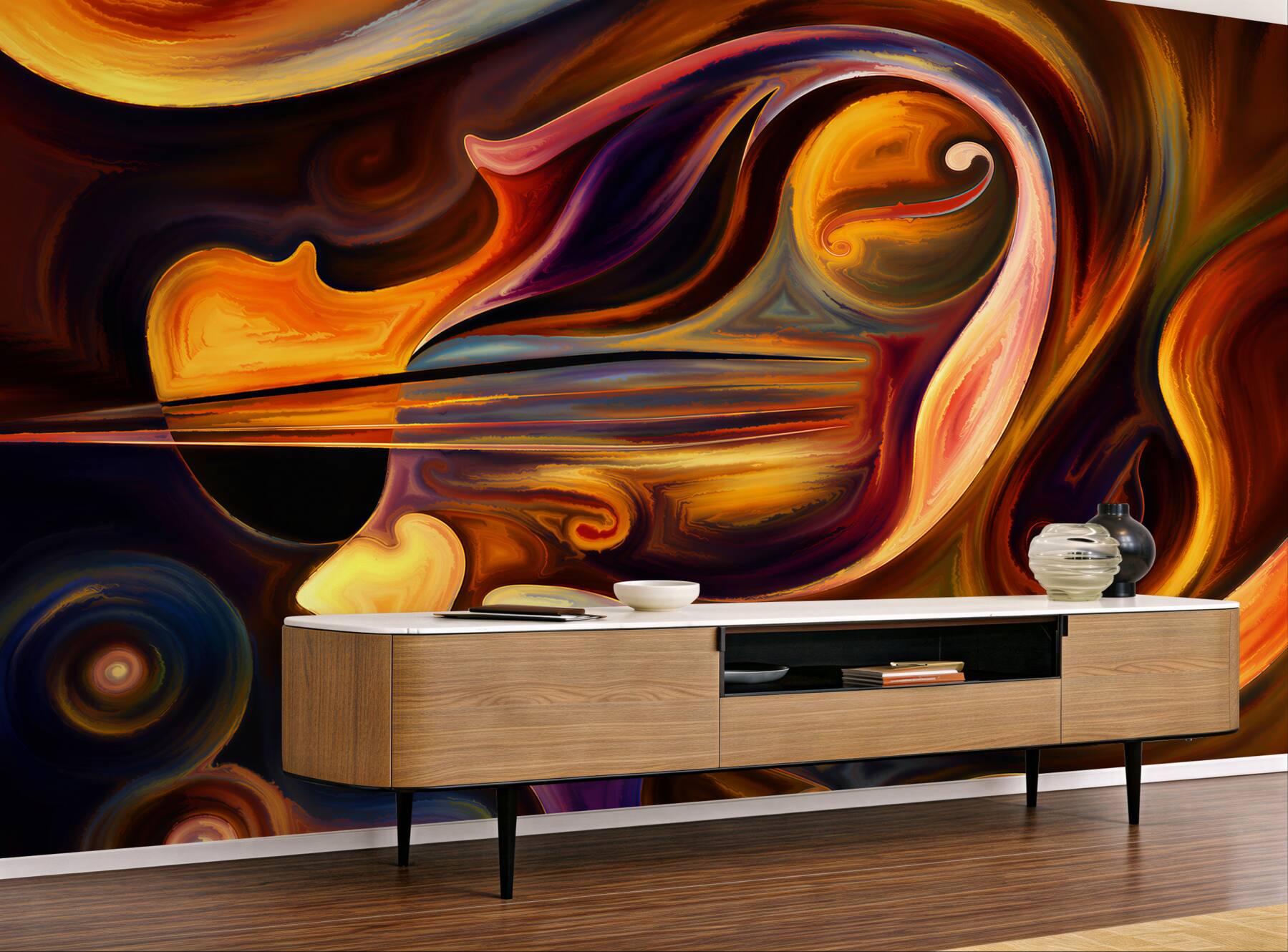 Fotobehang abstract gezicht met violinelijnen in beige tinten