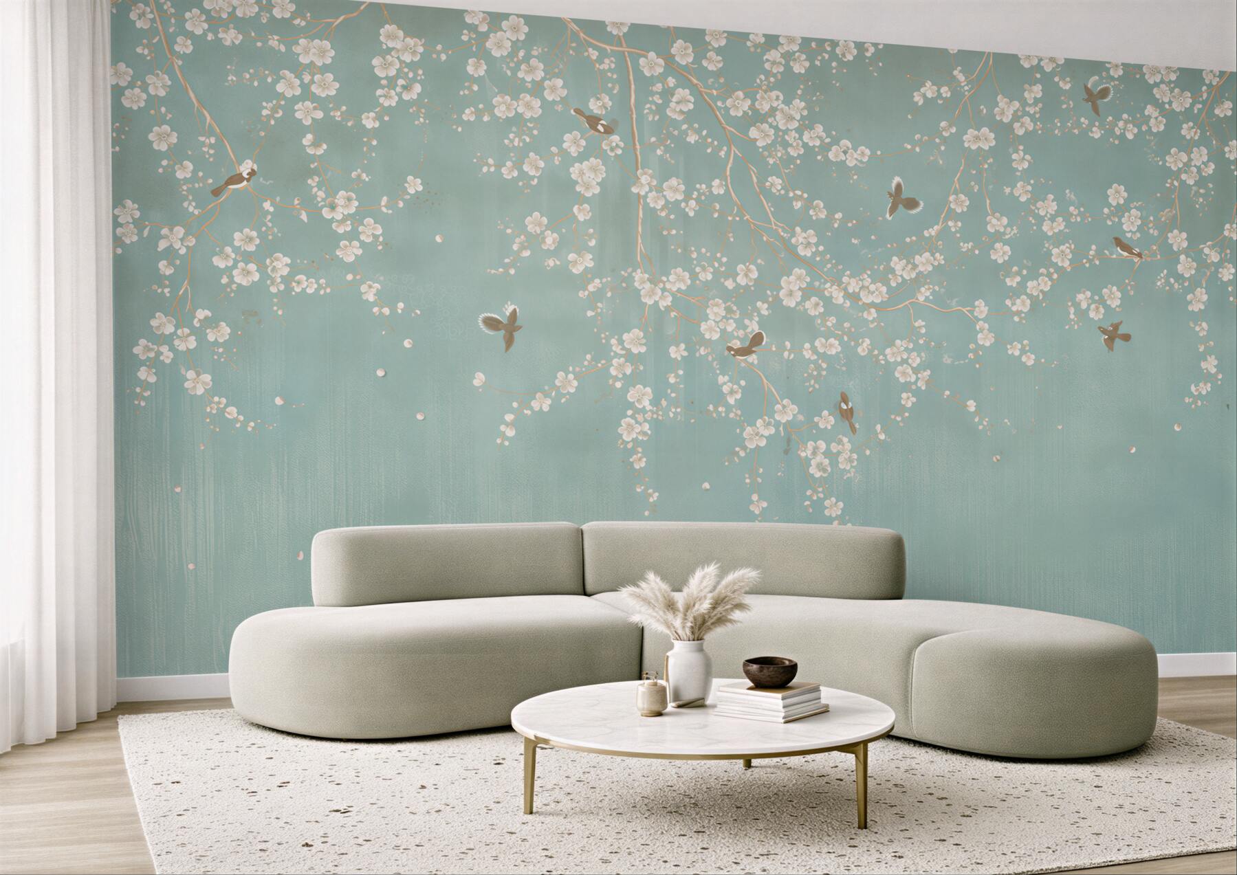 Fotobehang bloeiende takken met vogels op een blauwe achtergrond