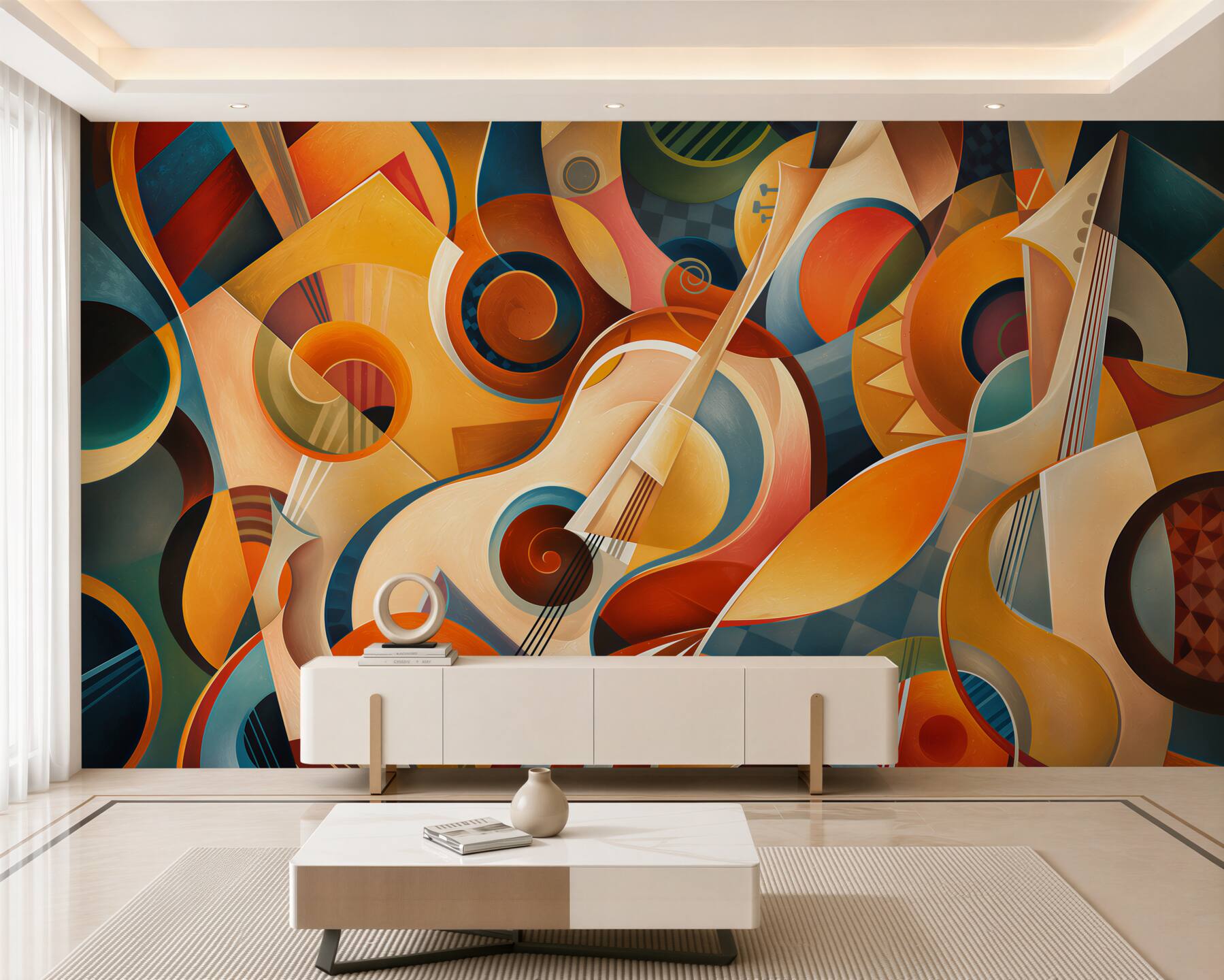 Fotobehang abstracte geometrische gitaar in art deco stijl