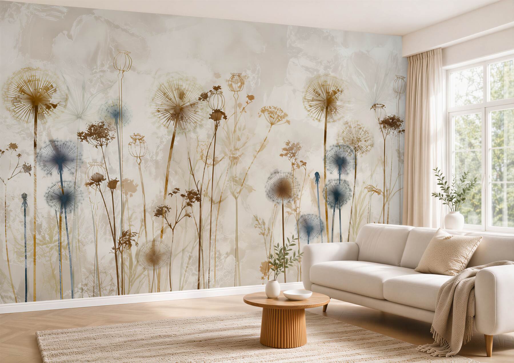 Fotobehang paardenbloemen en gras op een lichte achtergrond subtiele weide