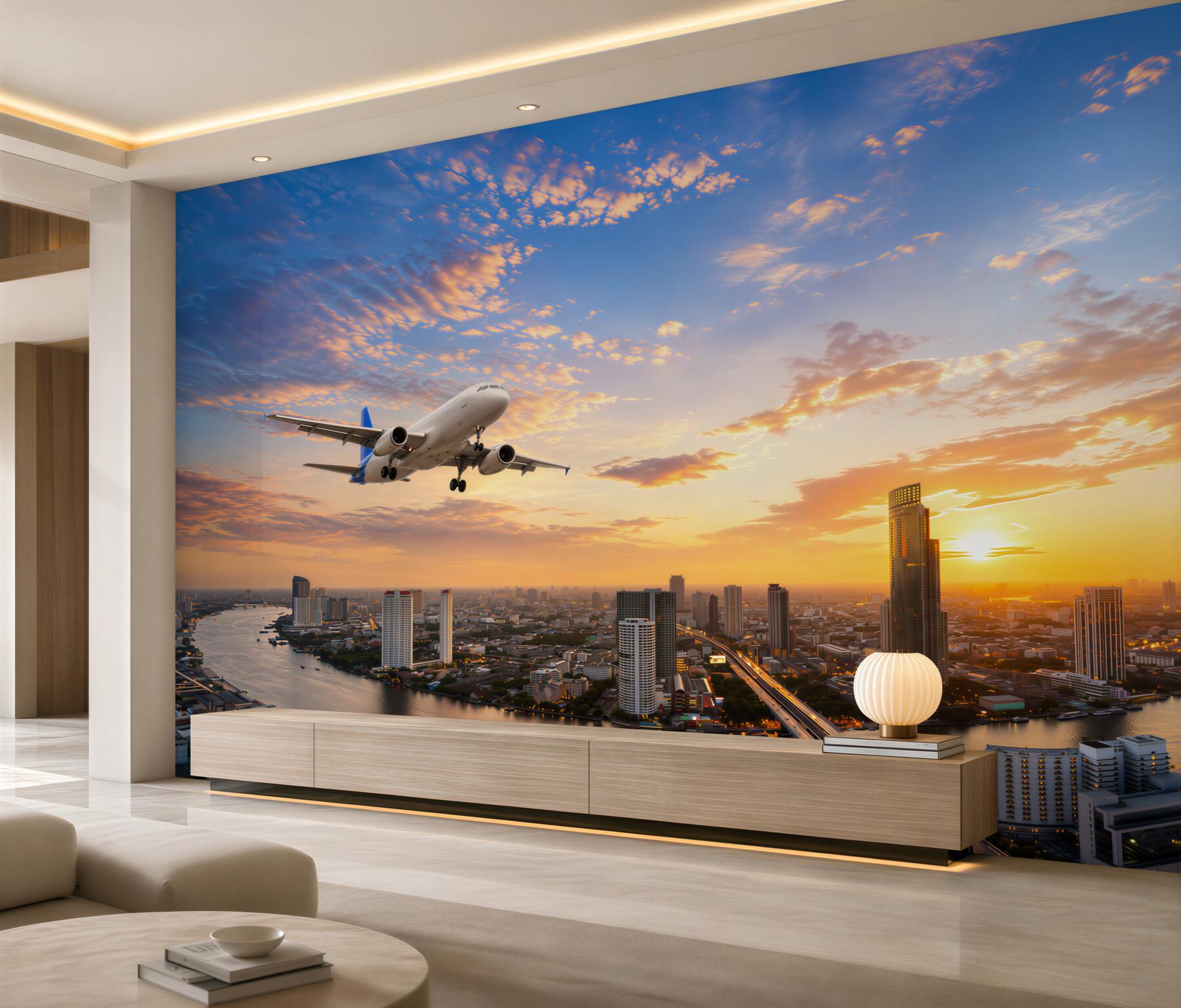 Fotobehang stads panorama aan de rivier bij zonsondergang