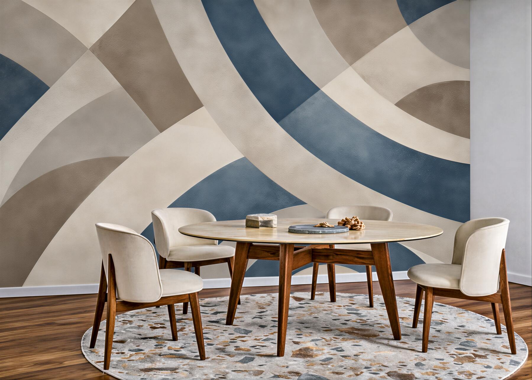 Fotobehang abstracte golven beige en blauw modern voor de woonkamer