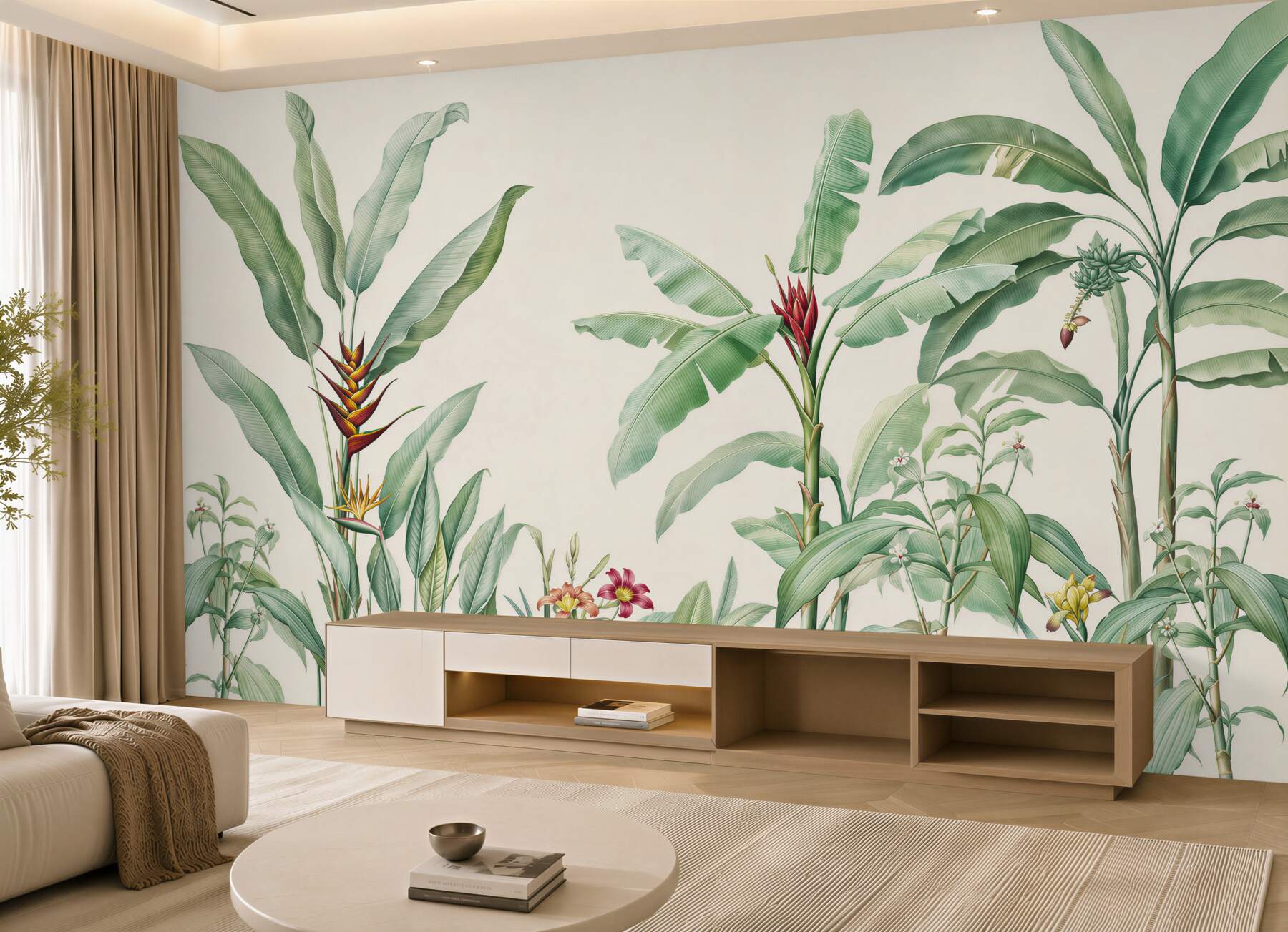 Fotobehang tropische planten met bananenbladeren op een lichte achtergrond