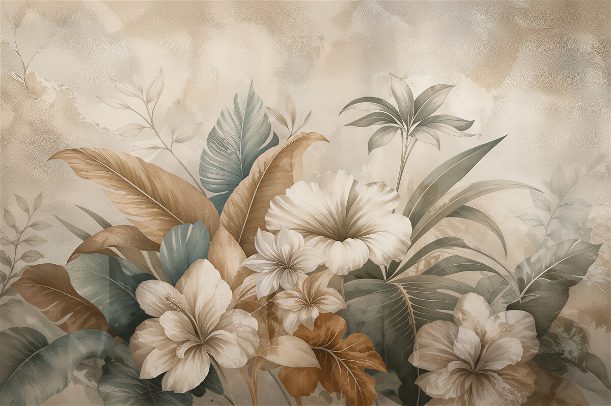 Fotobehang bloemen en bladeren in beige en groen elegant