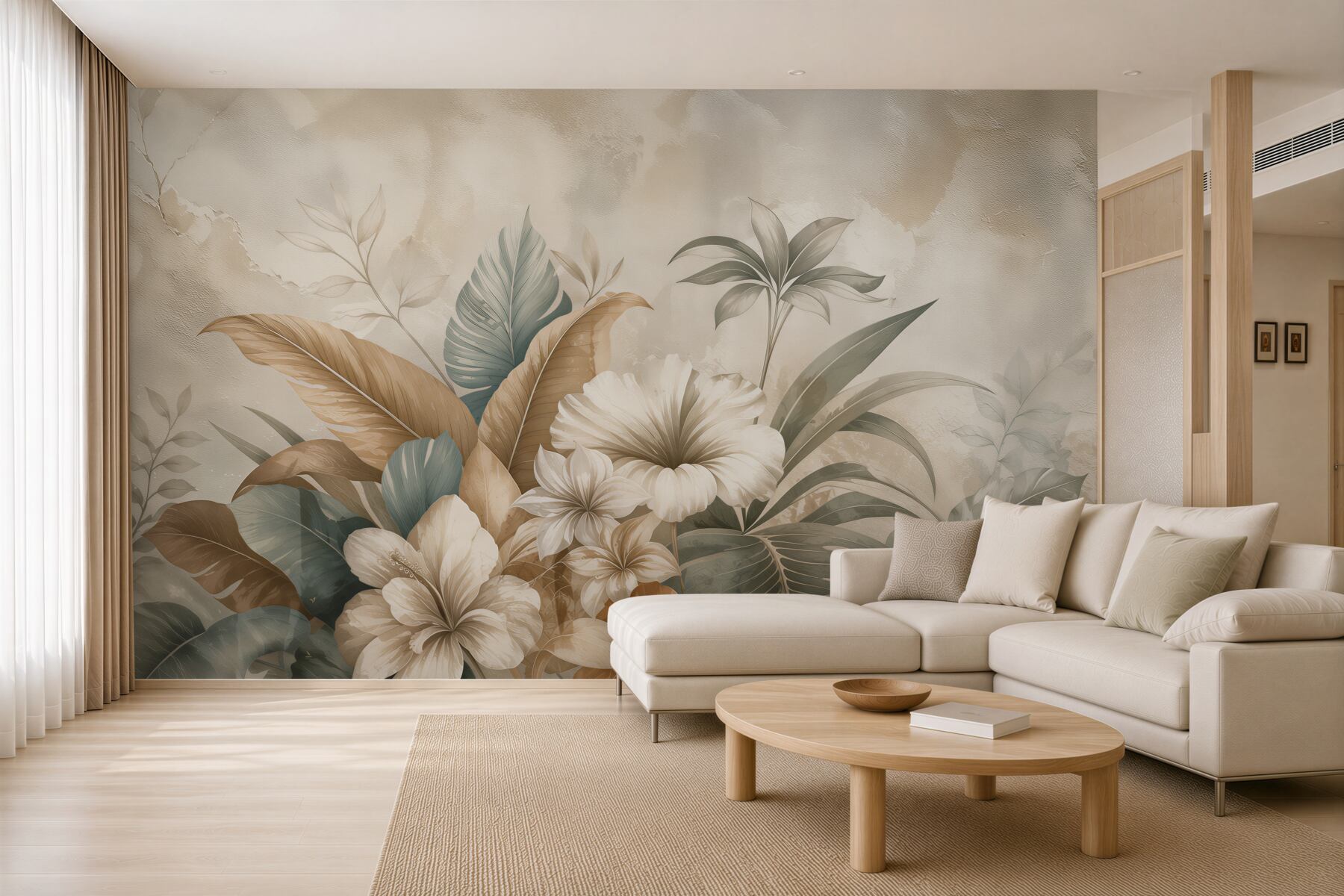 Fotobehang bloemen en bladeren in beige en groen elegant