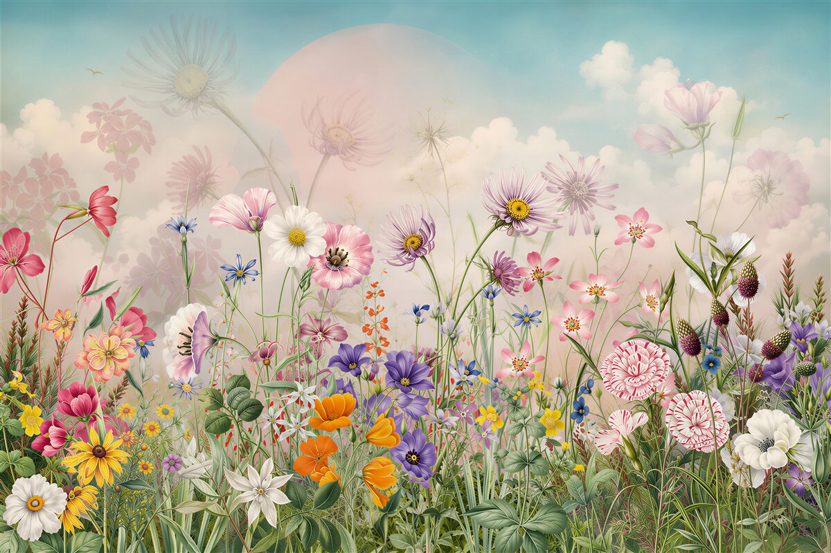 Fotobehang pastel bloemen van het weiland op een achtergrond van wolken