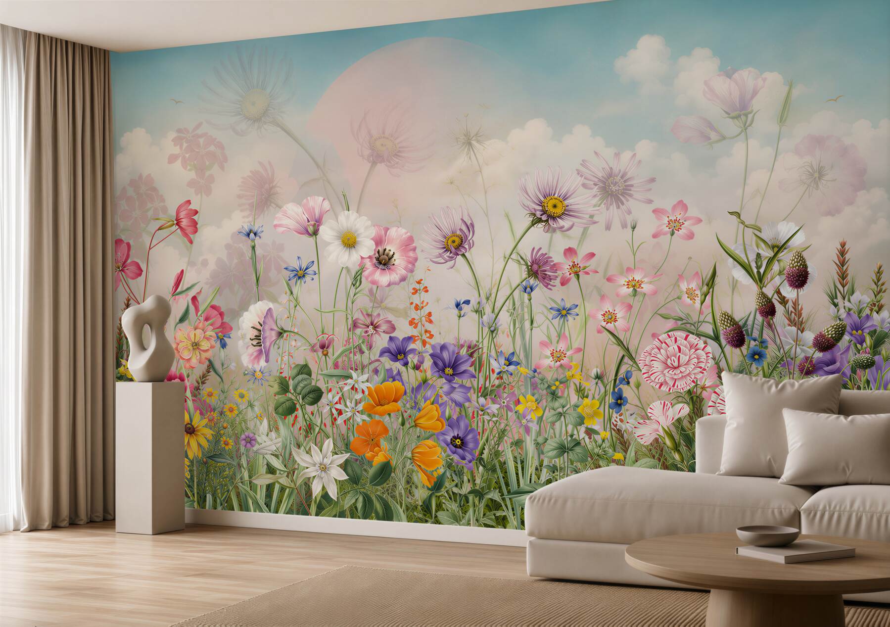 Fotobehang pastel bloemen van het weiland op een achtergrond van wolken