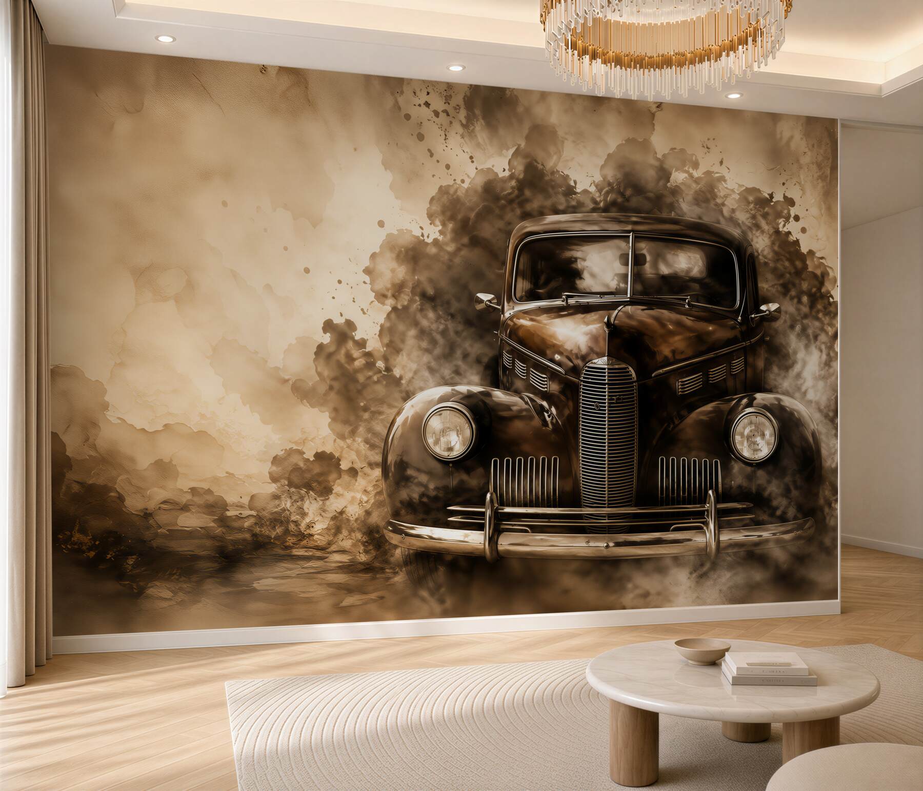 Fotobehang oude retro auto in beige vintage tinten