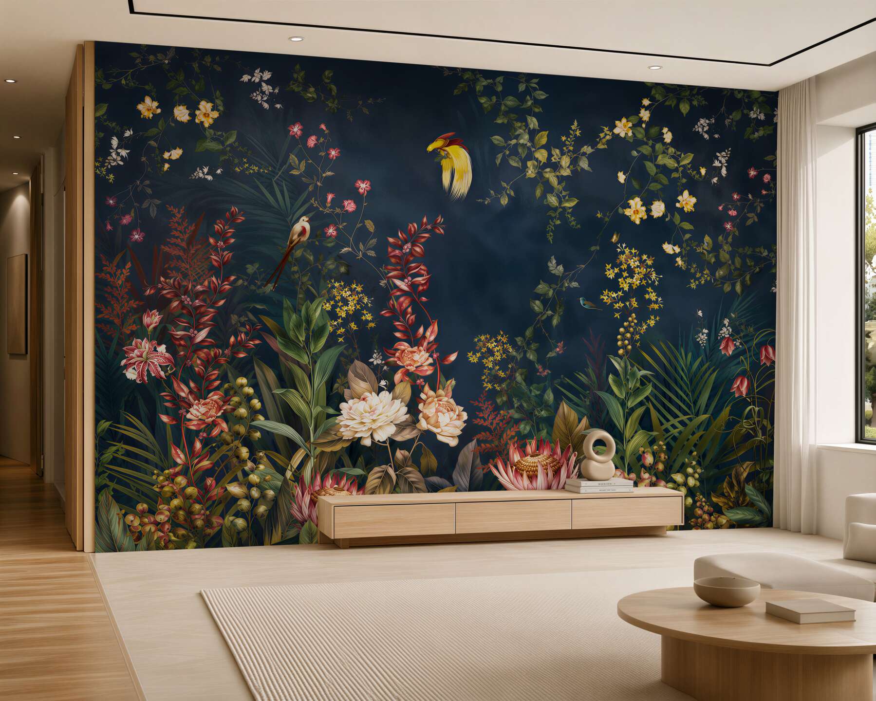 Fotobehang exotische bloemen en vogels op een groene botanische achtergrond